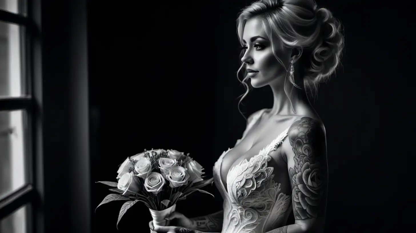 Elegant Bride with Deep Neckline and Bouquet in Dramatic Black and White Setting