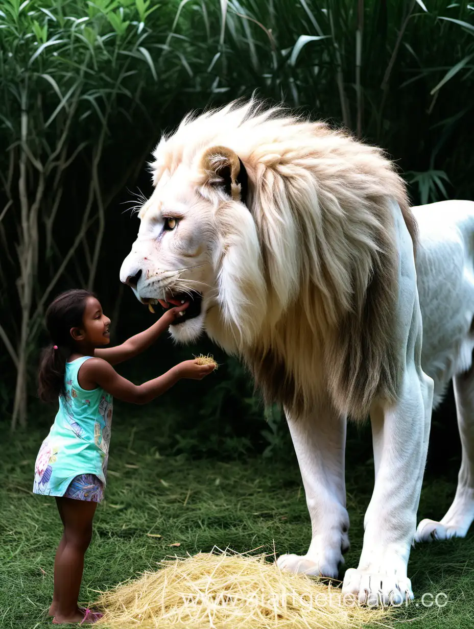 Девочка лет семи кормит сеном большого, белого льва, вокруг много зелени.