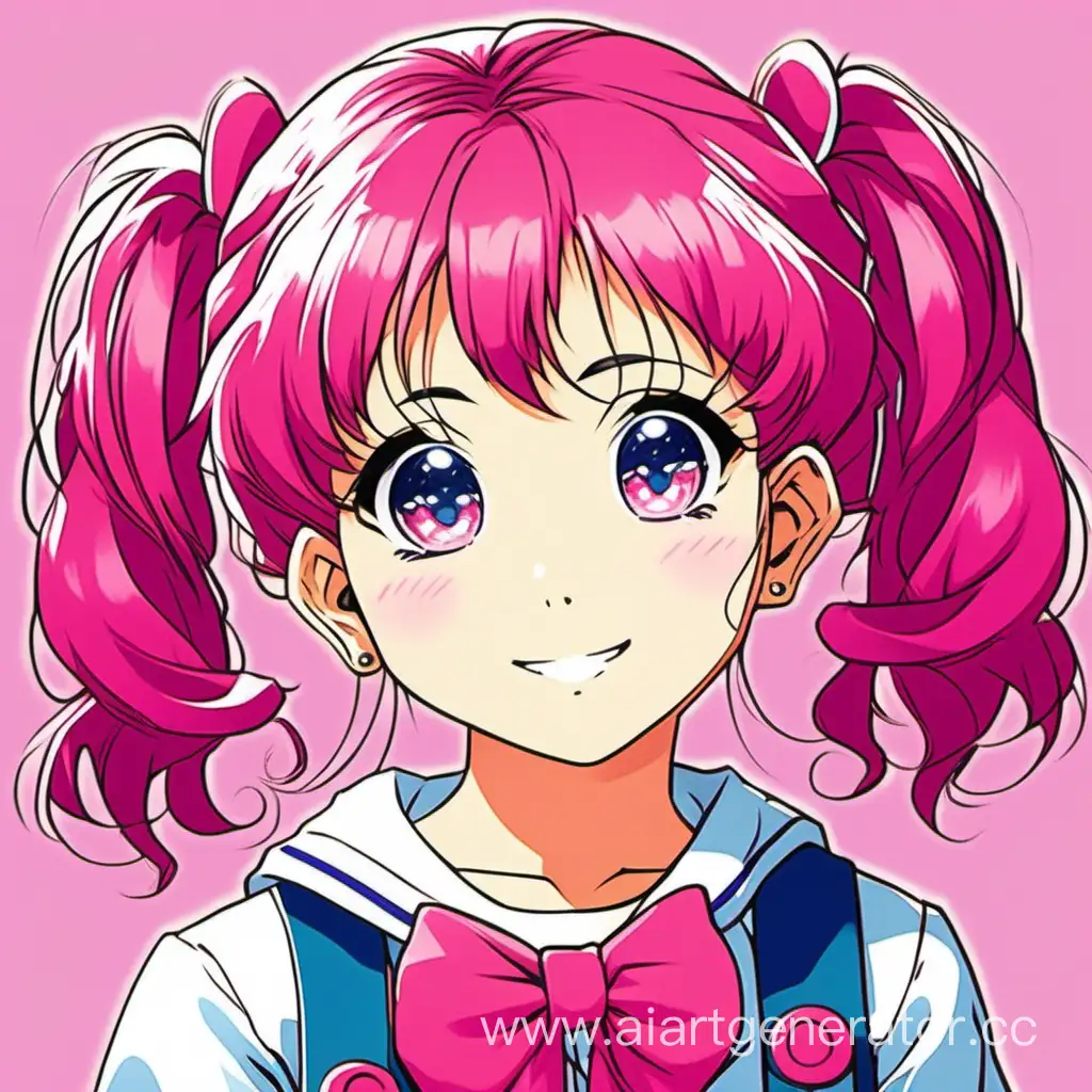 The image shows a girl in cute and stylish clothes, typical of the late 80s anime style. She has vivid and colorful features, with big eyes and rosy cheeks. Her hair is neatly styled into twin-tails and has vivid pink highlights. She is smiling and has an innocent and cheerful expression on her face. The overall image is full of cuteness and bright color, creating a nostalgic and pleasing atmosphere.