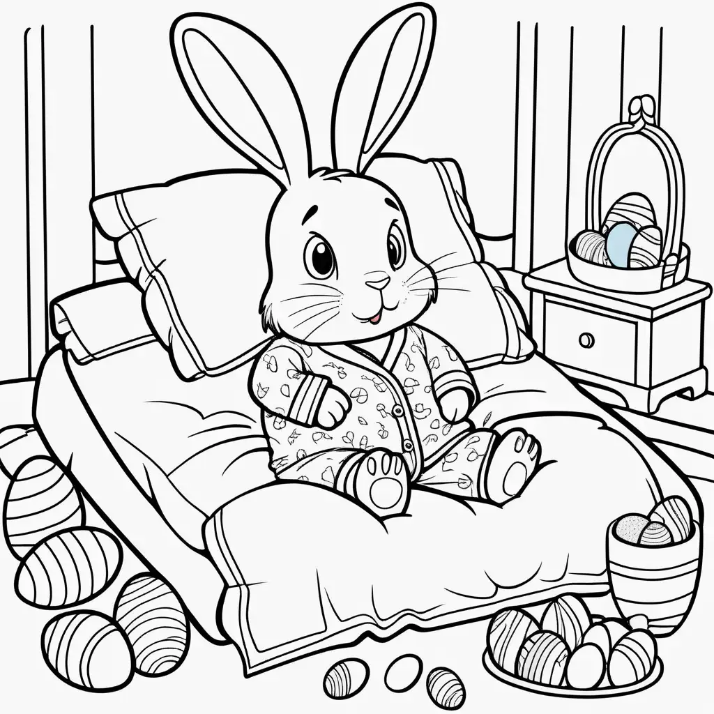 colouring book cartoon image cute tired eastern bunny is wearing cute pyjama and is having a nap in his cute bed after eating too many chocolate eggs