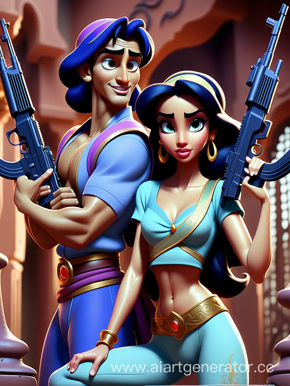 Aladdin-and-Jasmine-Armed-with-Automatic-Rifles-in-Disney-Style