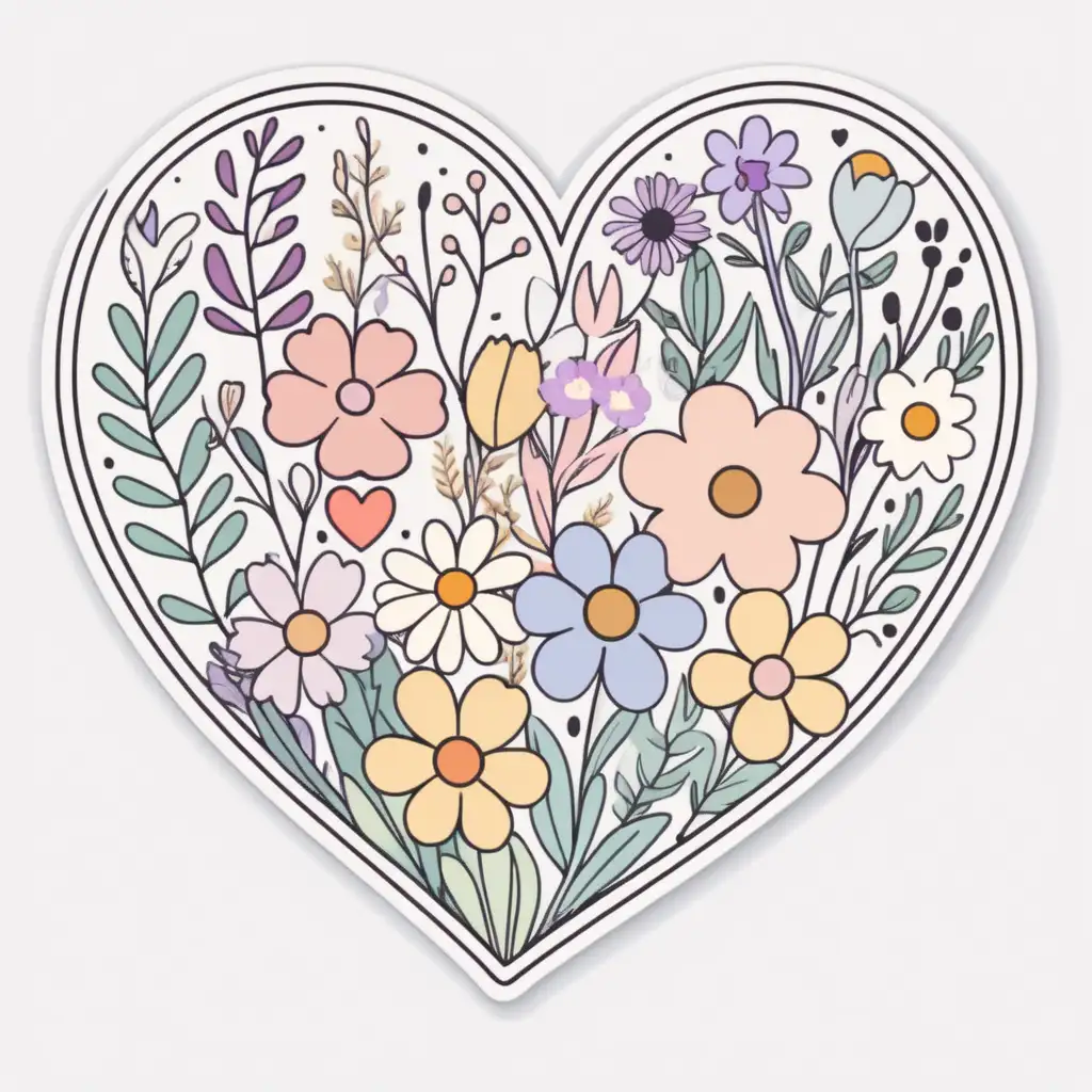 Sticker, cartoon, pastel color, wildflower floral Heart outline, vector, white 
background 