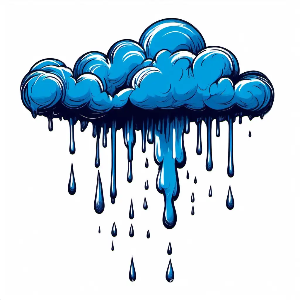 Simple sketch of a bright blue cloud of a blood paint dripping. white background.