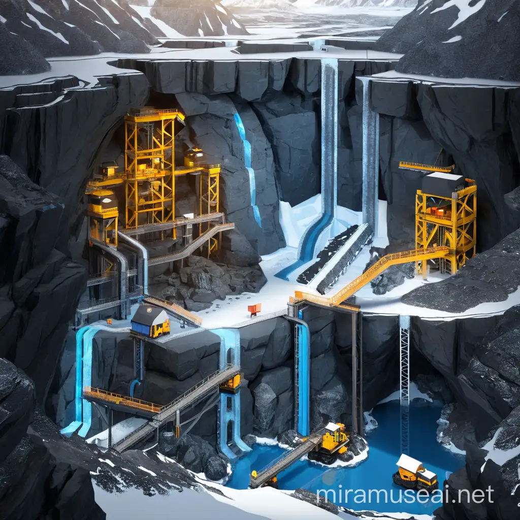 a scheme map of a coal mine in the rock and ice under rock, cross-sectionally,  an illustration for render, deviantart, underground comix, high resolution, unreal engine render