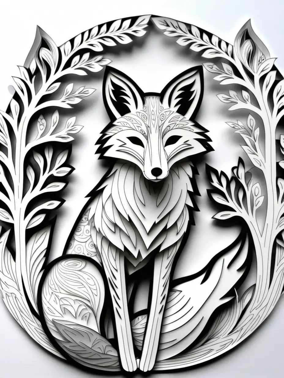 Paper cut art style, fox, low detail,colouring page, white background 