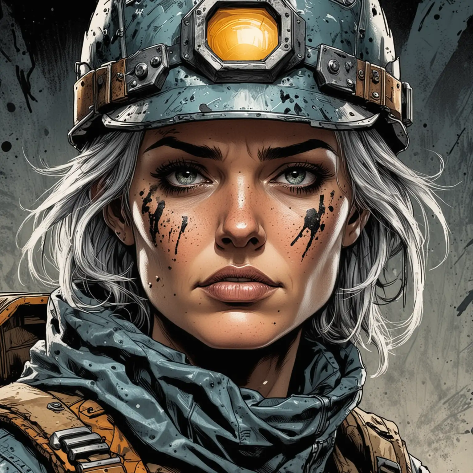 comic book inked color art style; close up portrait; grizzled female miner in futuristic protective gear