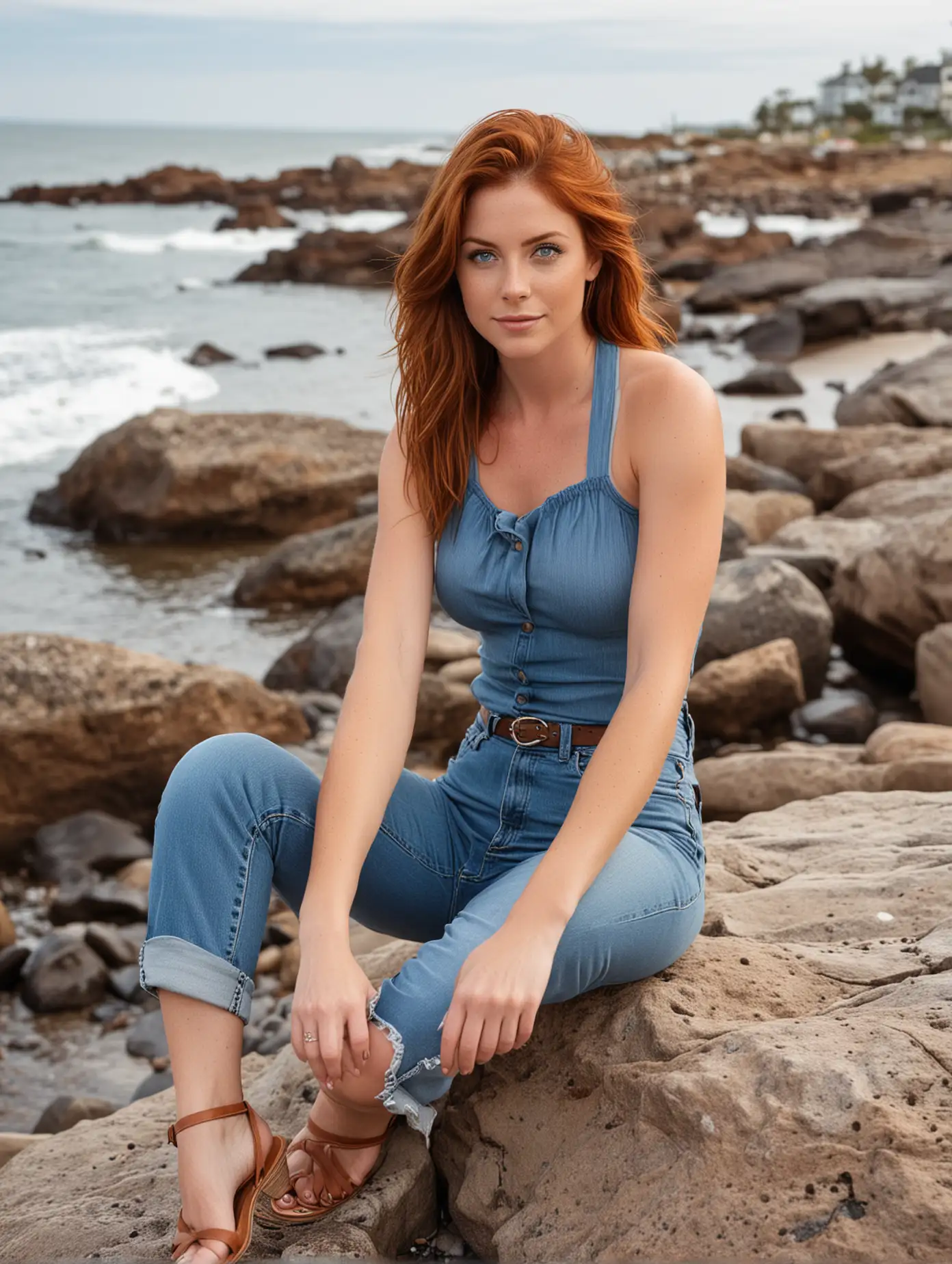 29 year old woman,auburn hair ,blue eyes,jeans,halter top,sitting on rock,on beach front ,full figure,low heeled shoes
