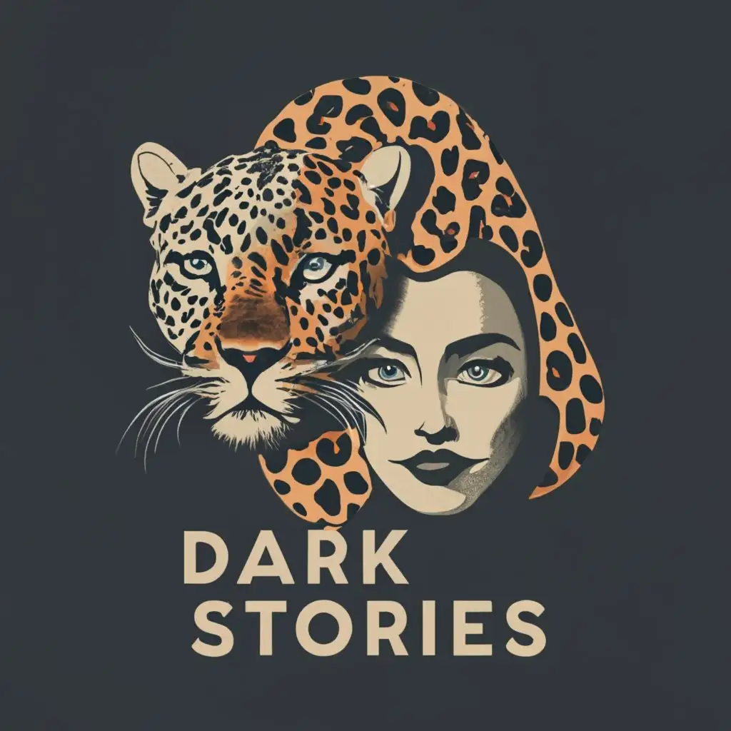 logo, An enigmatic image featuring a woman's face seamlessly blended with a leopard's face. #DarkStories, with the text "Dark Stories", typography, be used in Entertainment industry