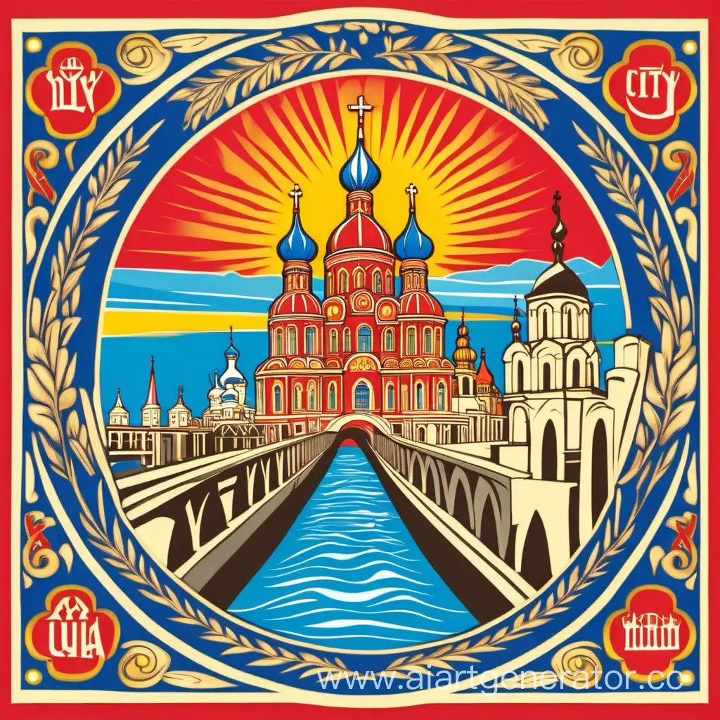 The logo of the city of Murom, without broken text, ((statue of Ilya Muromets)), bridge over the Oka River, Orthodox churches,, red, gold, blue