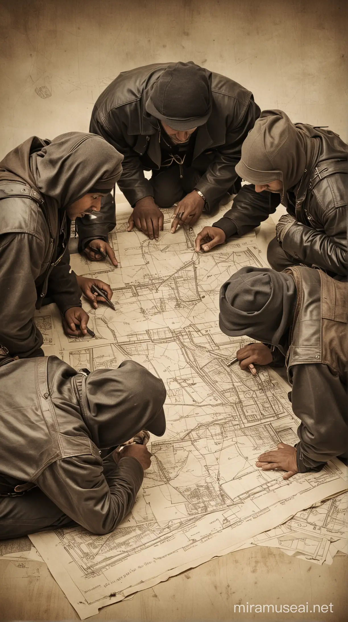 Show a group of thieves huddled together, looking at blueprints or maps of the bank.