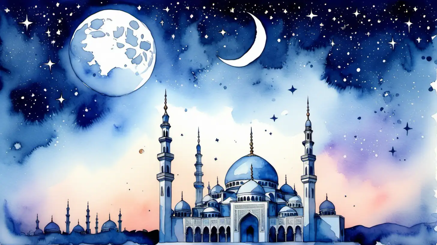 watercolor picture.  
мечеть, месяц, сумерки, звезды, copy space
