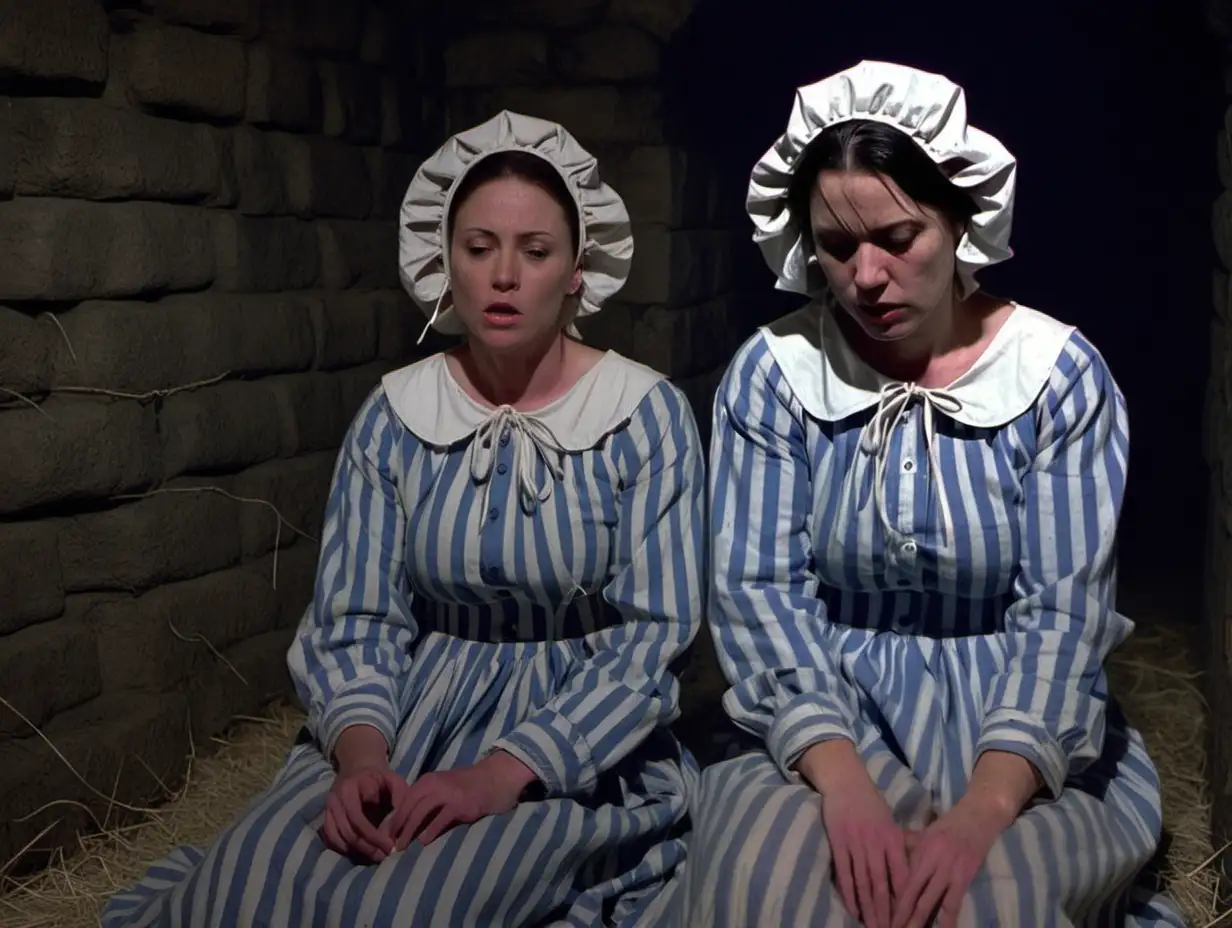 two busty prisoner woman (40 years old, same dress) sit on hay on the ground (far from each other)in a dungeoncell (Stone walls) in dirty ragged blue-white vertical striped longsleeve midi-length buttoned gowndress(small short bonnet, collarless, roundneck, sad ), head down