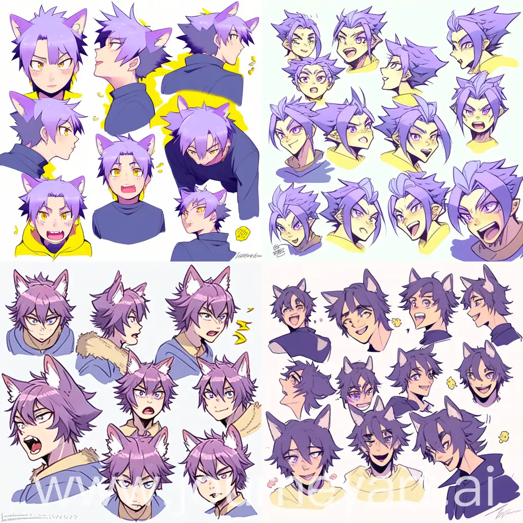 Young man, wolf boy, purple hair in a loose bun, yellow eyes, happy, purple light blue and yellow color scheme, model sheet, multiple expressions
