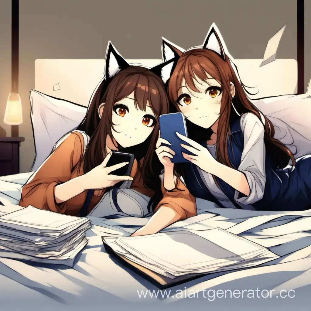 Две девушки с ушками кошечек лежат на кровати в окружении бумаг и делают селфи на телефон. Одна девушка имеет светло-коричневый цвет волос, а другая темно-коричневый. У обеих коричневые глаза.