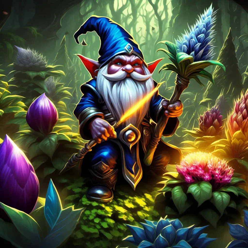 fantasy gnome character holding wand over a pile of tuberous plants and other holistic ingredients, stylized world of warcraft cinematic wow movie style, world of warcraft tcg art, alchemy, enchanting

