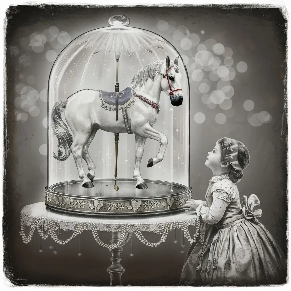 white circus horse inside a glass dome, elegance, intricate, on a table in a living room, little girl is dreaming about a real horse , old fashion style, bokeh style, artistic style