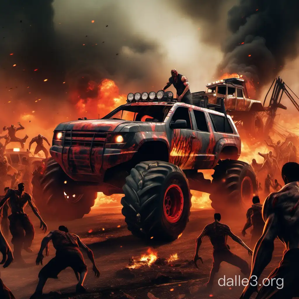 A giant off-road fighter with big wide tires in the middle of zombies with a background of fire and blood