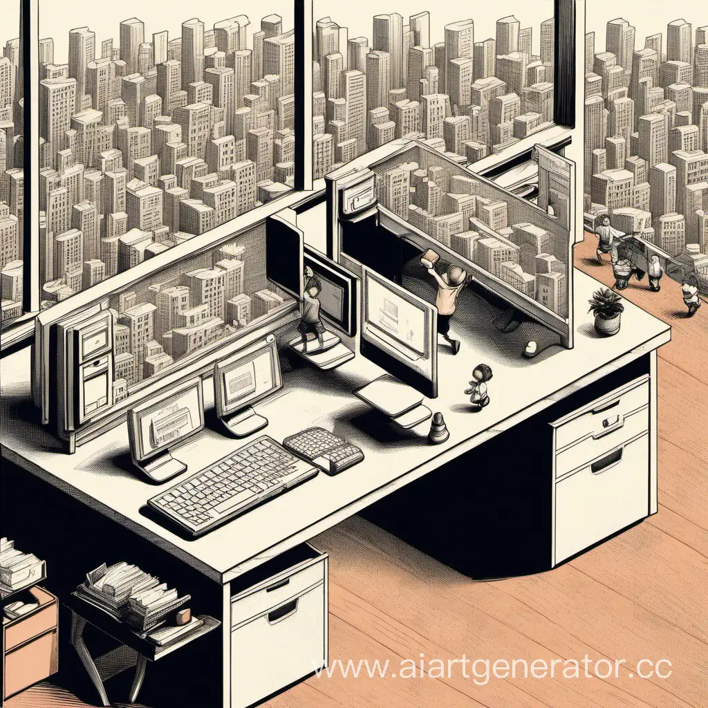 Busy-Desk-Scene-with-Miniature-Cityscape-and-Running-Figures