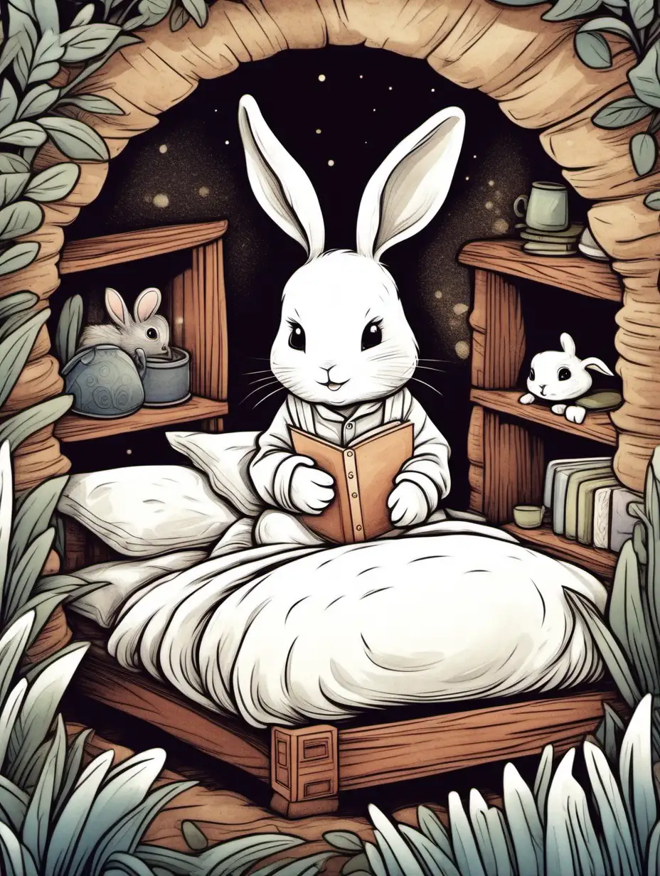 a little white bunny wearing pajamas  in a cozy bed in the burrow, storybook illustration style