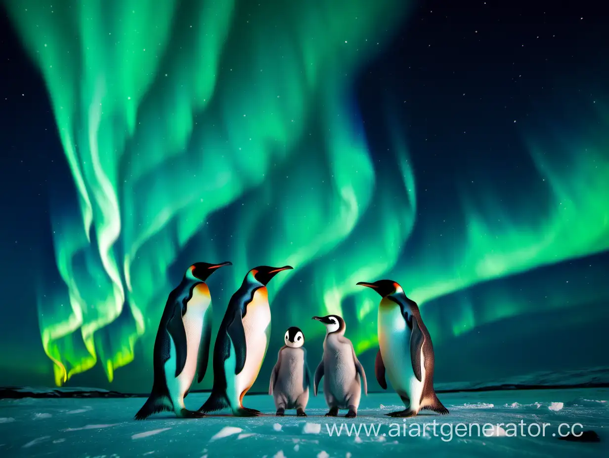 Penguins-Family-Amidst-the-Enchanting-Northern-Lights