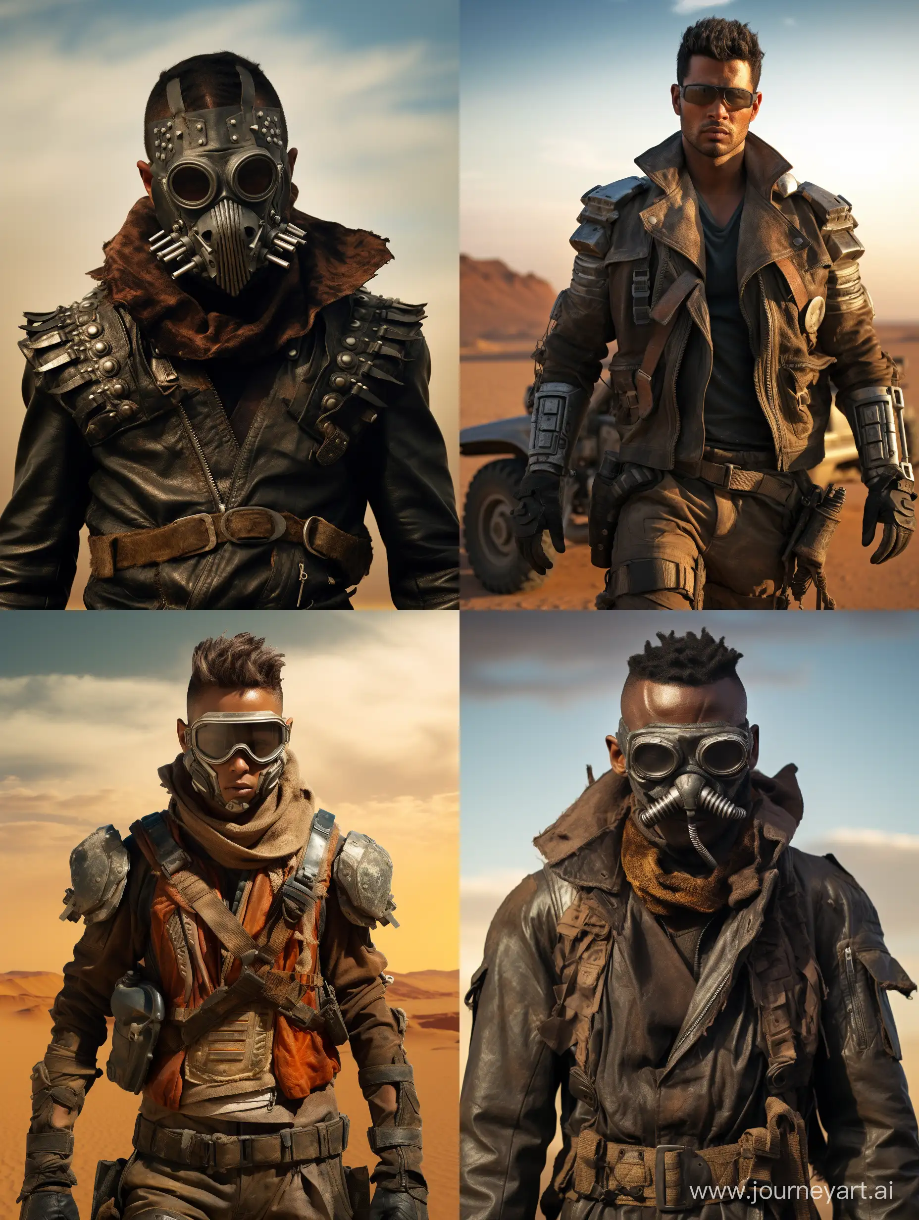 Generate an image with the following specifications:
- Environment: desert
- Background: desert Studio backdrop
- Style: Editorial Prada Streetwear Campaign x Madmax
- Photography Type: Close-up portrait movement
- Theme: Madmax fury road
- Visual Filters: Fashion Film Look-Up Table (LUT)
- Camera Effects: Camera Blur, Camera Haze
- Time: Madmax theme
- Resolution: High
- Aspect Ratio: 4:5 (vertical)
- Key Element: Inflatable technical textile
- Details: Include intricate details on the technical textile
