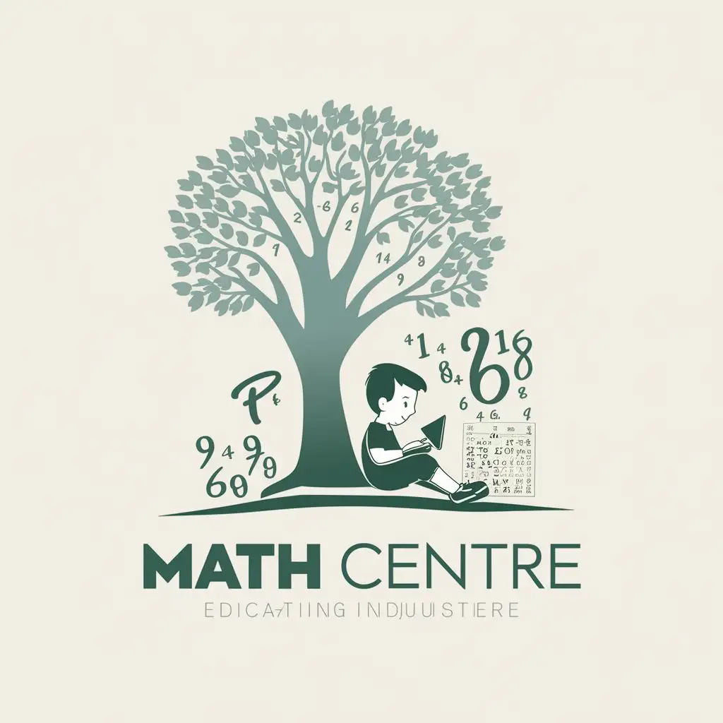 logo, a child learning math under a tree, pi, numbers etc.., with the text "MATH CENTRE", typography, be used in Education industry