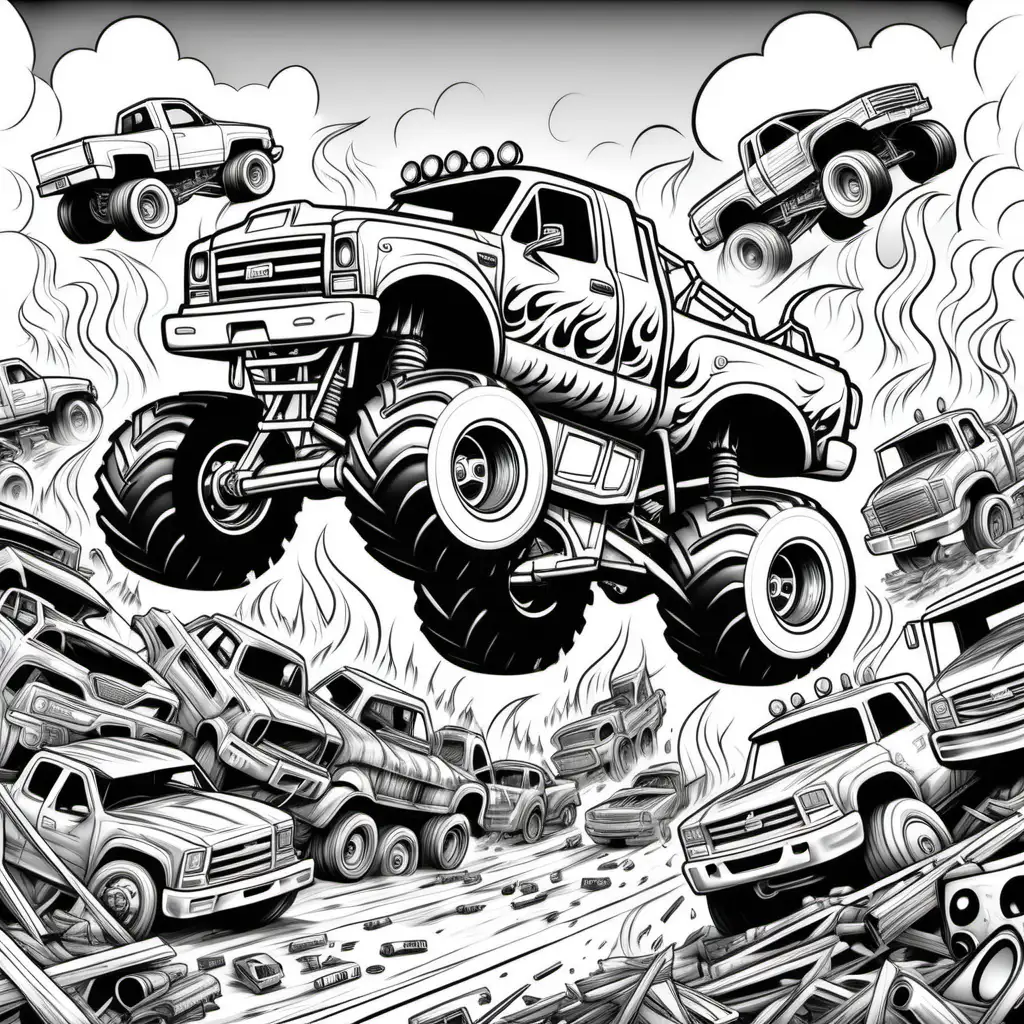 coloring pages for kids, 3 large monster truck with painted flames  jumping over a large pile of junk cars fire in background, cartoon style, thick lines, low detail, black and white, no shading --ar 85:110