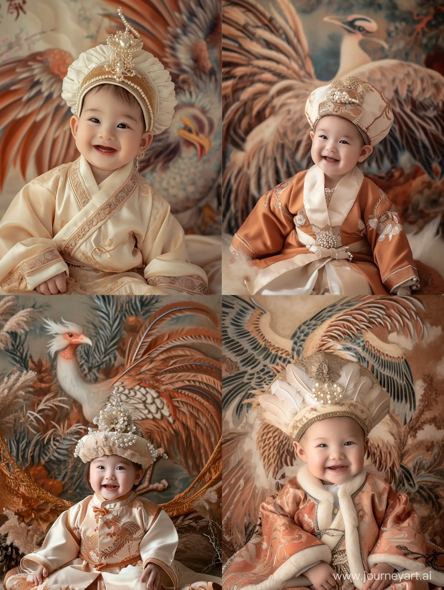 A beautiful scene unfolds as a one-year-old baby girl is dressed in an exquisite traditional phoenix robe winter outfit. The warm-toned clothes perfectly complement her radiant smile. She wears a pearl-embellished hat that adds a touch of elegance. The backdrop features a realistic depiction of a majestic phoenix, enhancing the overall enchanting ambiance. 8K HDR best quality.
