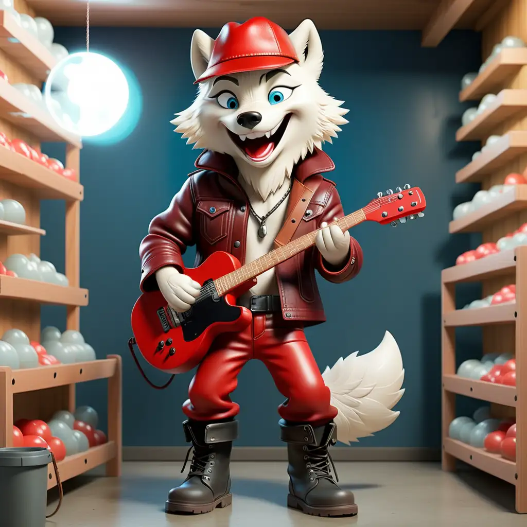 Smiling Arctic Wolf in Stylish Bubble Mart Attire with Electric Guitar