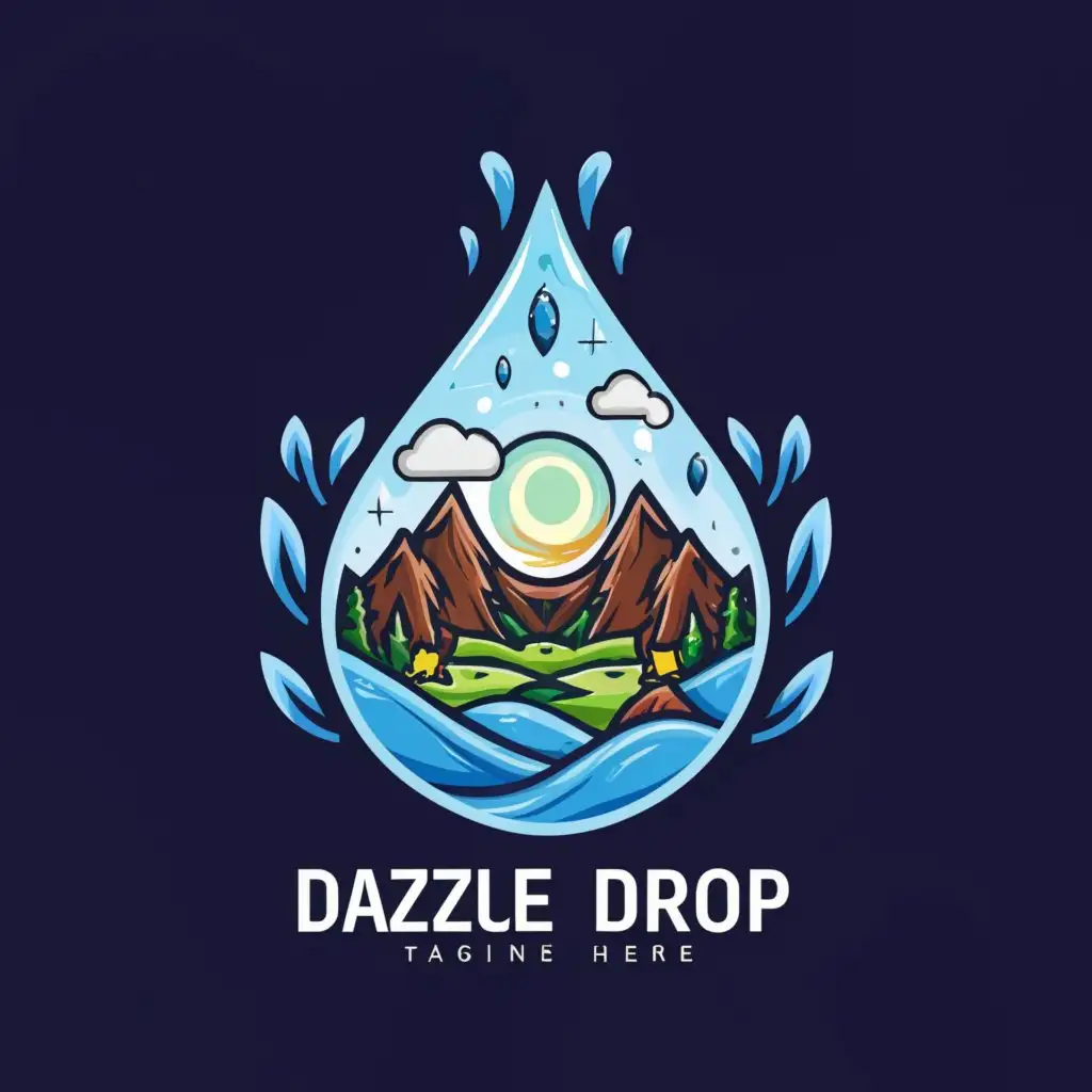 a logo design,with the text "Dazzle Drop", main symbol:Drop of water and inside her is forest's, mountains, and moon can be seen.,complex,clear background