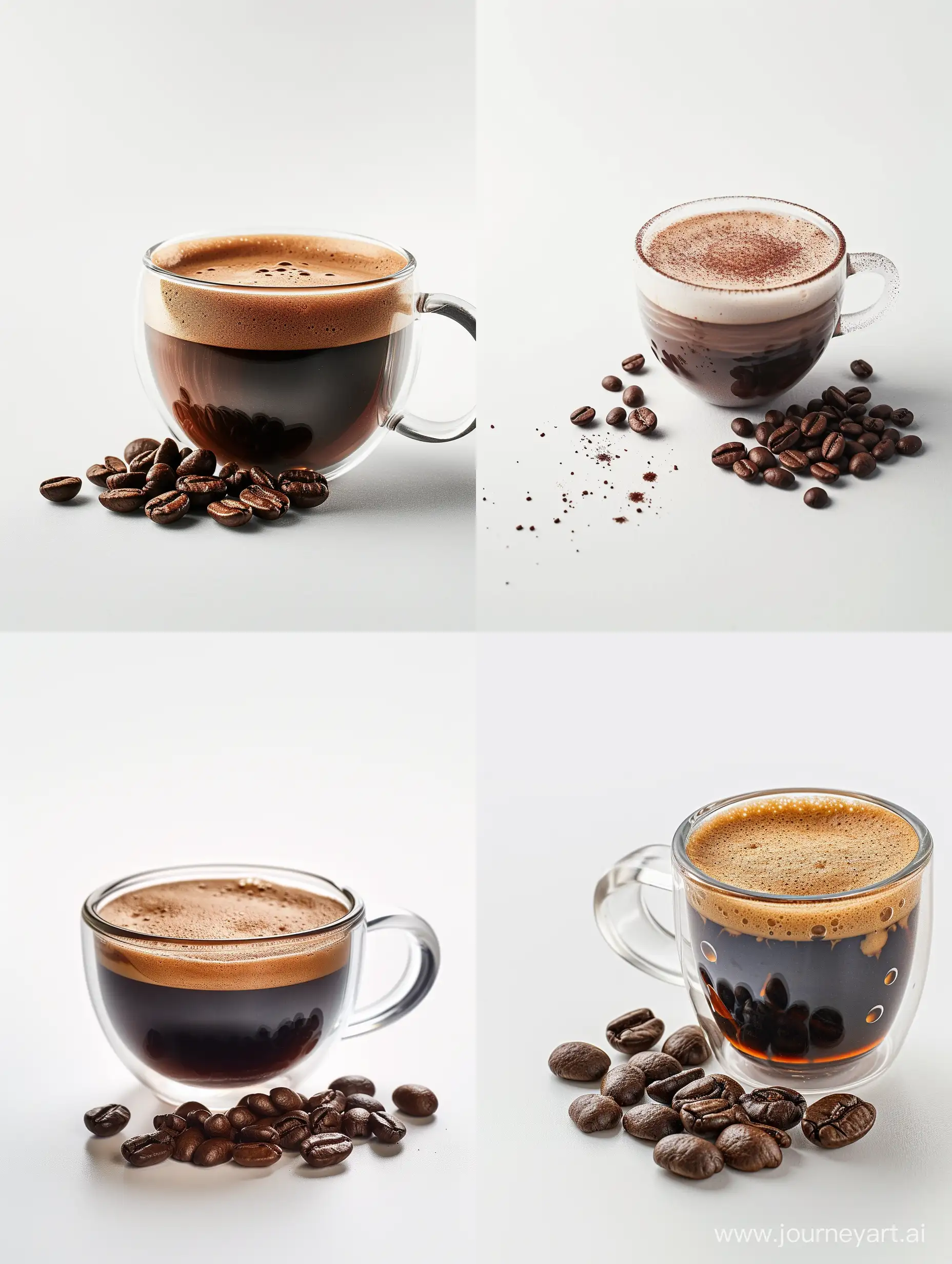 Stylish-Transparent-Coffee-Cup-with-Foam-and-Coffee-Beans-on-White-Background