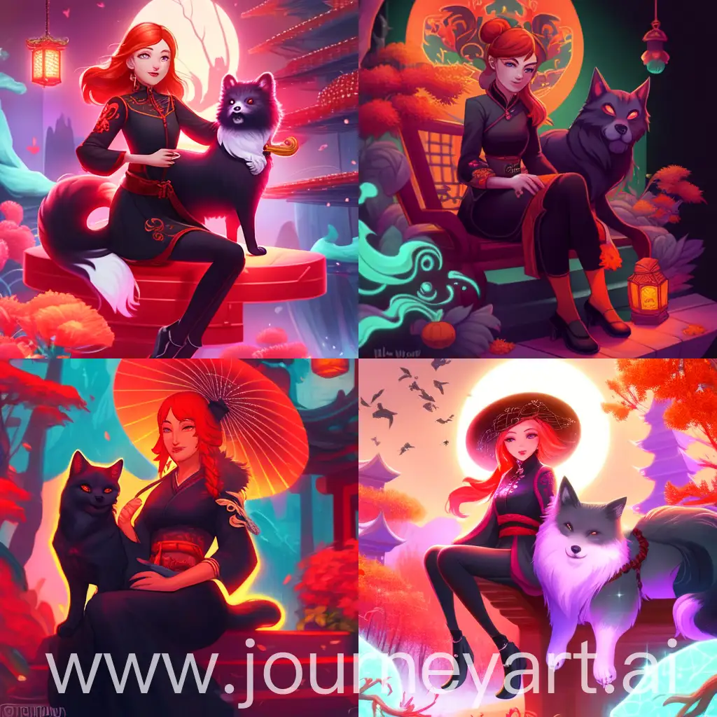 A young red-haired witch in a stylish black qipao with long sleeves, holding a red cat in her arms, accompanied by a seated Malamute dog, cute and whimsical, magical setting, vibrant color palette, fantasy art 