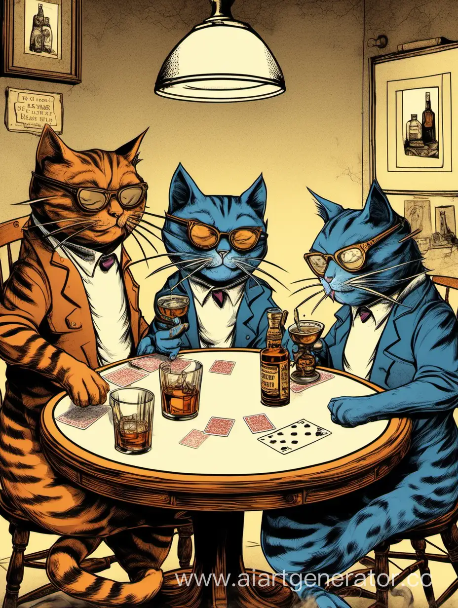 Три кота играют за круглым столом в карты, курят сигареты, пьют виски из стаканов. Один из котов играет на гитаре.