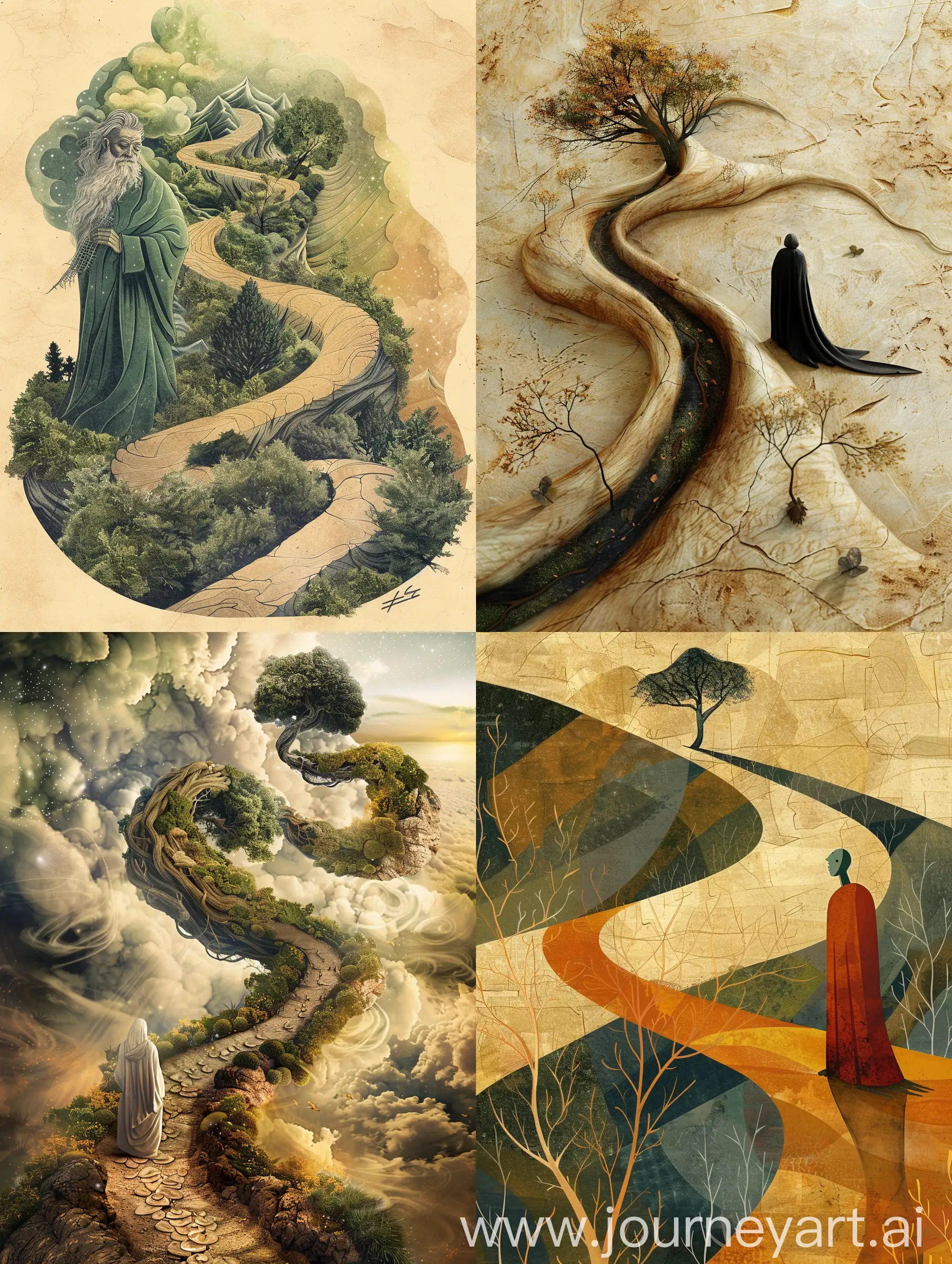 Create an image that symbolizes the themes of wisdom, patience, imperfection, and the unpredictability of life as depicted in Ecclesiastes 7:1-14. The image should convey the idea of seeking wisdom, embracing humility, and finding purpose in life's challenges. Use visual elements such as a winding path, a wise figure, symbols of patience and growth, and elements representing the ups and downs of life. The overall tone should be reflective and thought-provoking.