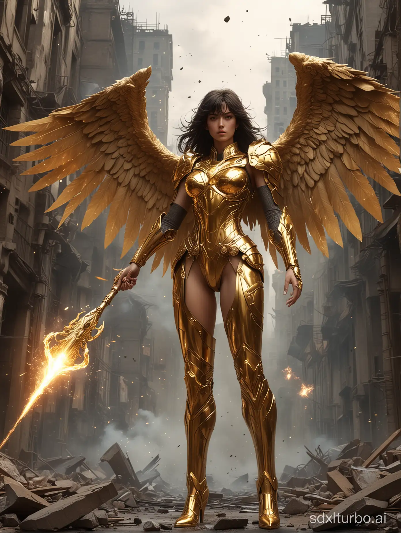 Saint Seiya manga style, Golden Saint of Scorpio, Realistic style, futuristic beautiful woman with deadly golden armor with big wings, holding a magic stone, resisting attacks from Iron Man, explosions light up the night, smoke, sparks, destroyed buildings, rubble, debris, in the style of Gerald Brom and Dan Abnet, high details, 16k, height above 175cm, slender legs, full body visible from head to feet