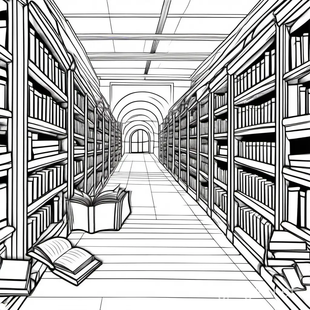 adventure at the library, Coloring Page, black and white, line art, white background, Simplicity, Ample White Space. The background of the coloring page is plain white to make it easy for young children to color within the lines. The outlines of all the subjects are easy to distinguish, making it simple for kids to color without too much difficulty
