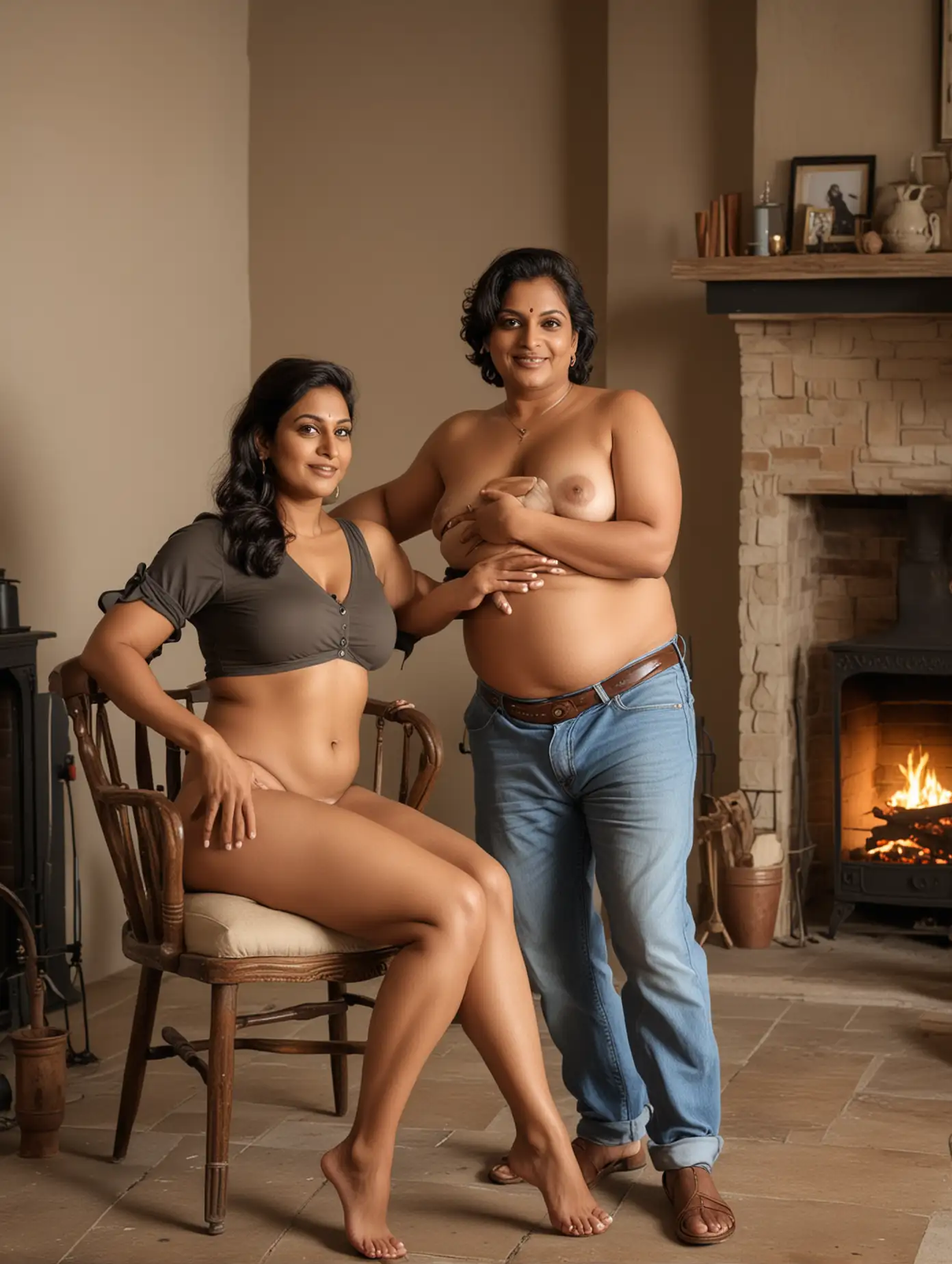 Generate image of a 40 year old  curvy indian woman and a male photographer in a photoshoot. She is seating nude on a chair for a photoshoot in front of a fireplace A 50 year old man photographer wearing shirt pant is pointing   towards her with a camera