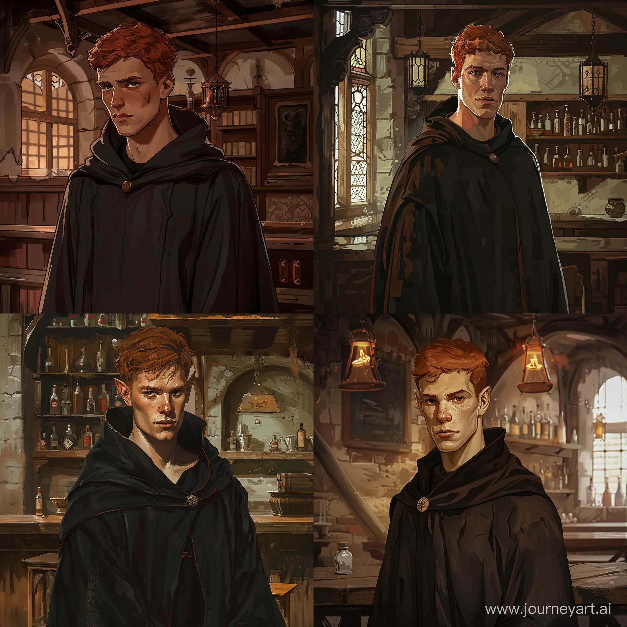 cool, young, 25 years old, human, wizard and monk, d&d character, charismatic, serious, short red hair, simple black aprentice robes. he is alone in an old tavern, full body, realistic drawing 2d art style