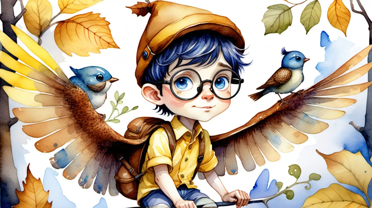 A watercolor fairytale. A dark haired blue eyed boy pixie wearing glasses, a brown acorn shaped hat and a yellow button shirt riding on the back of a bird
