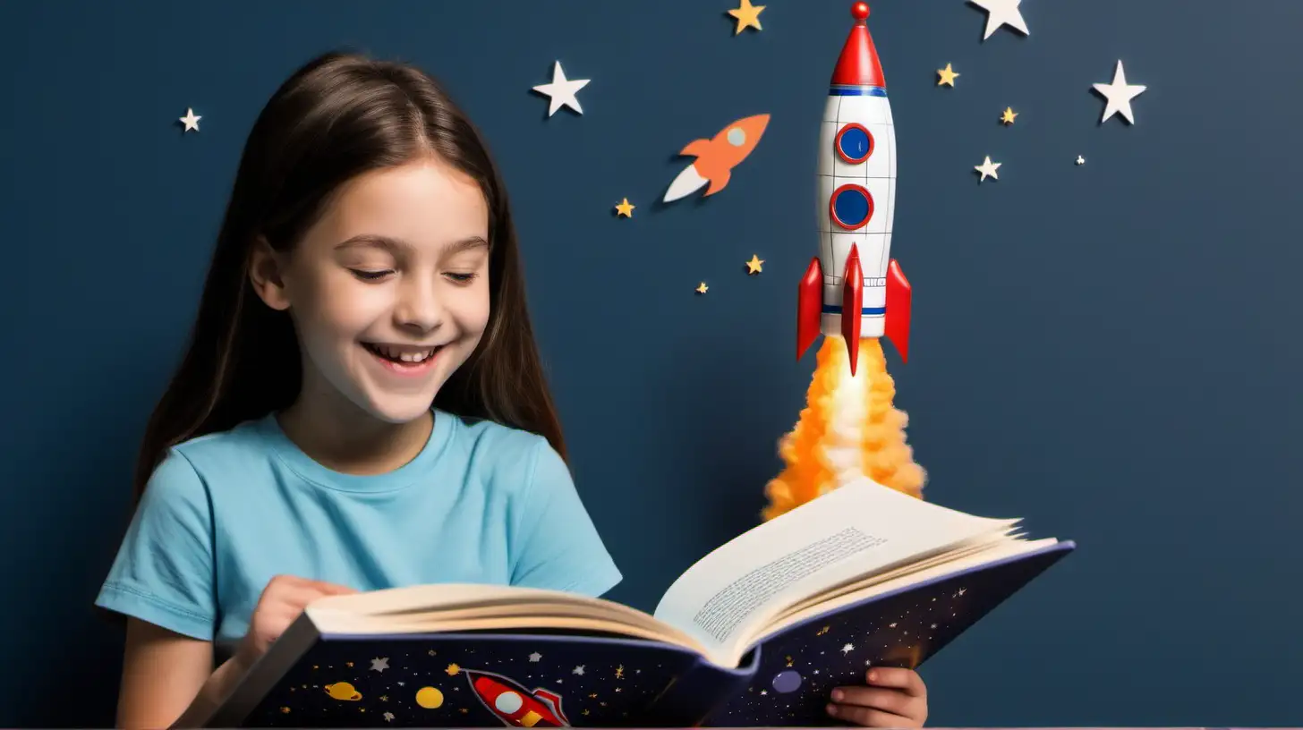 A Girl reading a book smiling with her idea of a rocket taking off