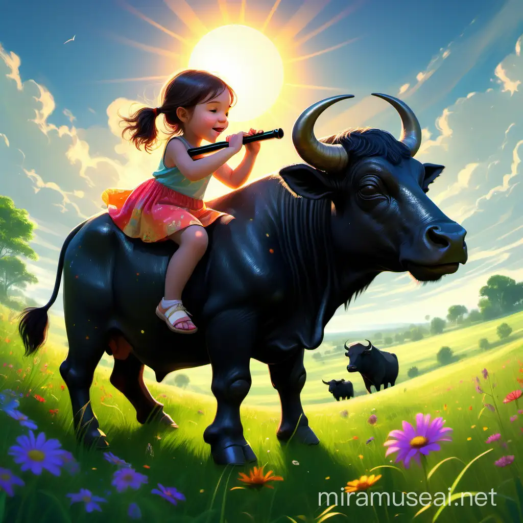 Serene Scene Little Girl Playing Flute on Giant Ox in Verdant Countryside