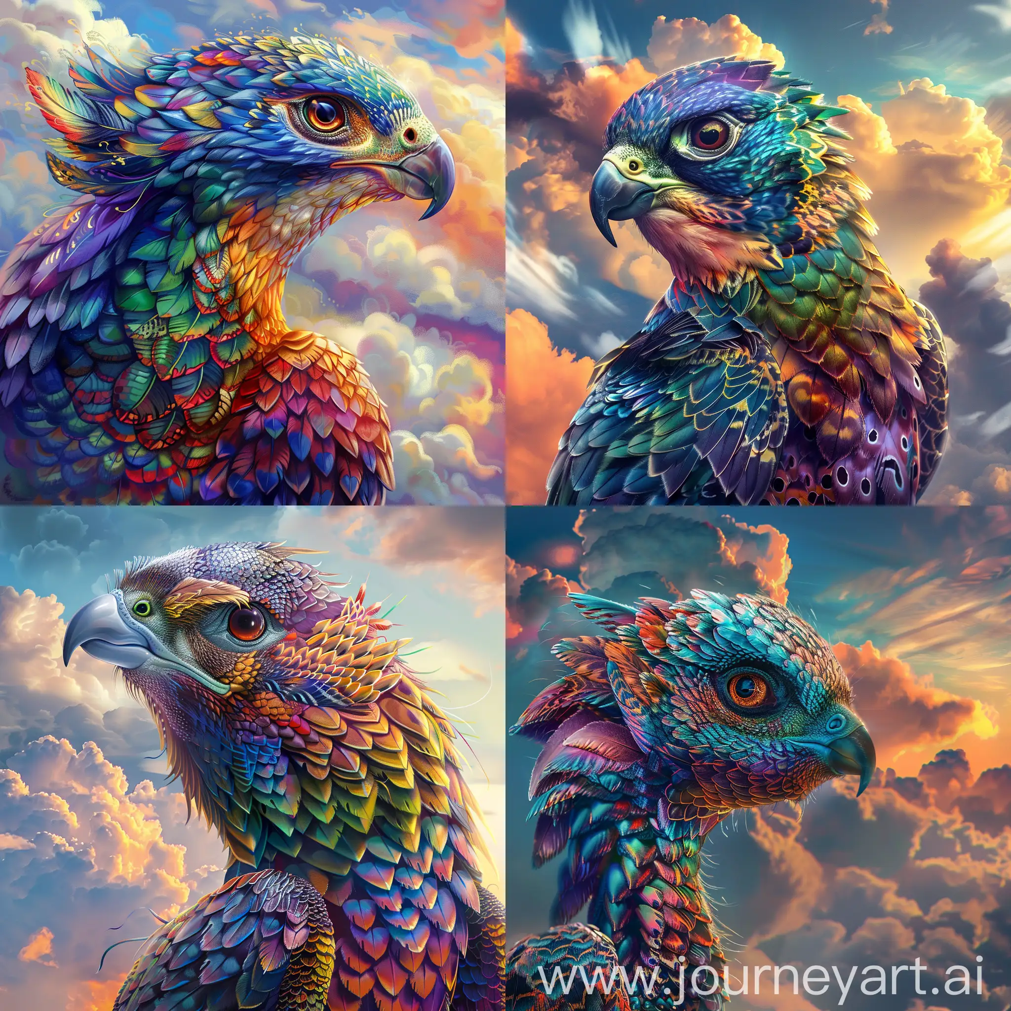 Wyvern, peregrine falcon face, vibrant colors, feathers and scales, 4K, cinematic, spectacular clouds in the background