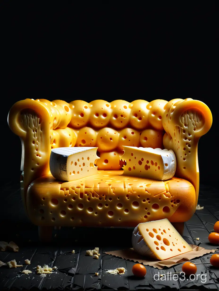 Sofa made of cheese, on a dark simple background, professional photo, contrasting, realistic