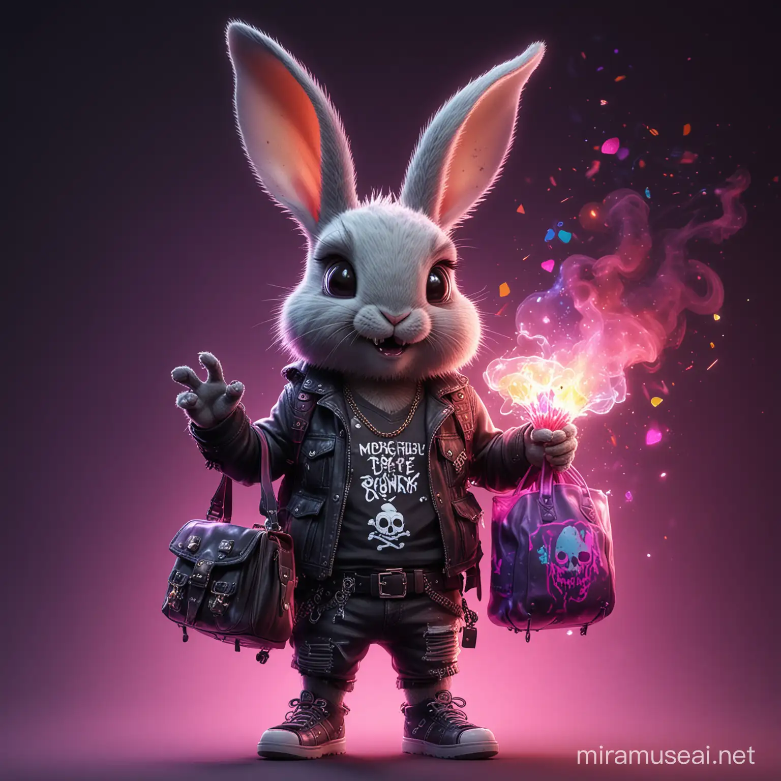 Neon Punk Rock Rabbit with Glowing Bag of Colorful Skulls in Cinematic Night Scene