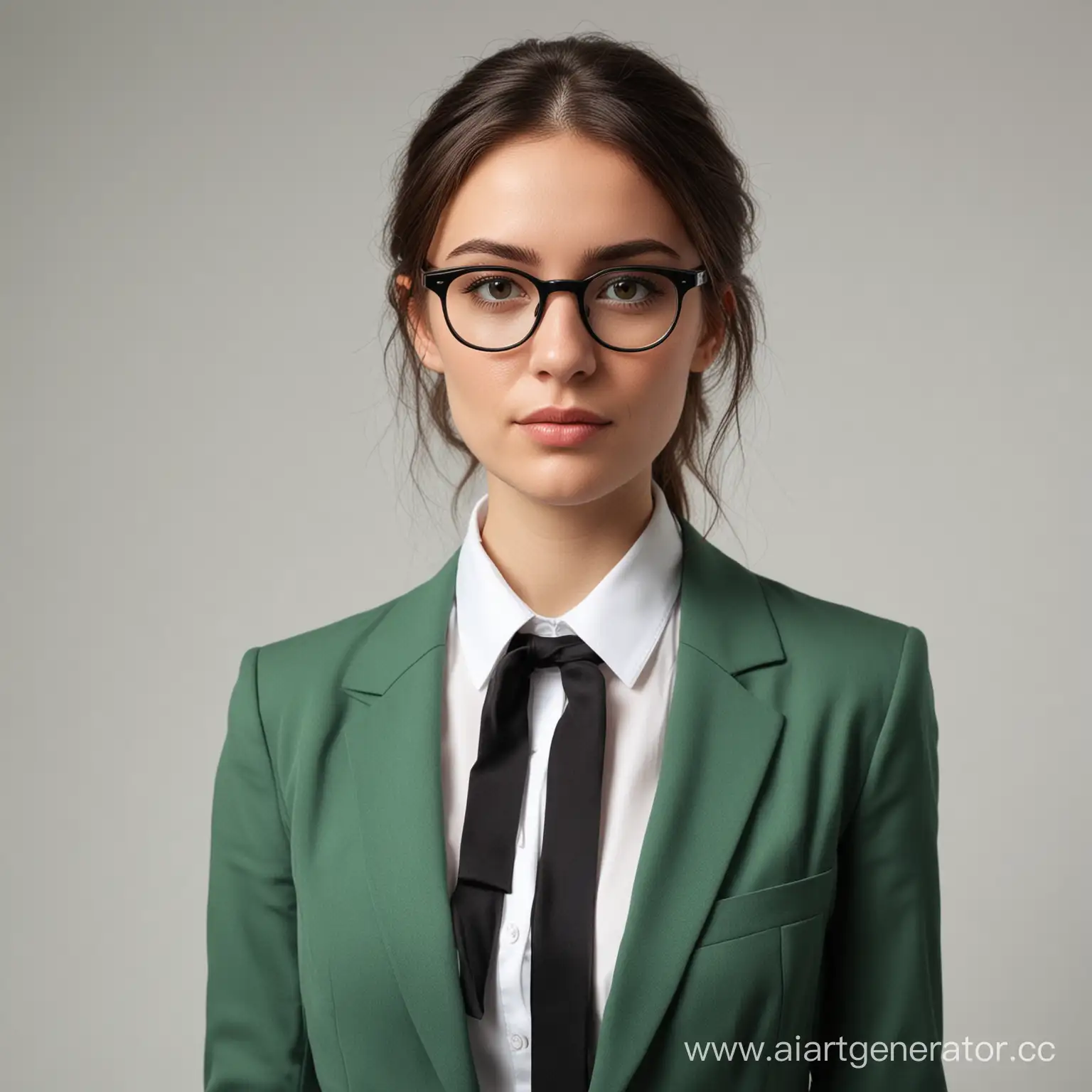 Юрист - девушка в очках, одетая в темно-зеленый костюм с белой рубашкой и черным галстуком
Стоит на полностью белом фоне