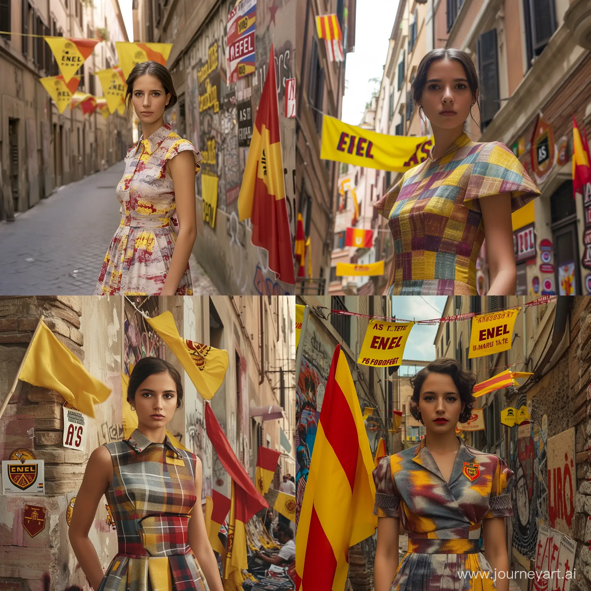   "Imagine a scene in Trastevere, a neighborhood in Rome, where a young, elegant woman is working at the local ENEL office. She wears a formal dress with stylish colors and refined details. Her posture reflects confidence and professionalism as she goes about her daily tasks.  In the surrounding context, you sense a passionate atmosphere for the AS Roma football team. In the streets of Trastevere, yellow and red flags and scarves are proudly displayed. Murals and stickers with the Roma logo decorate the nearby buildings, testifying to the community's love for the team.  While the girl is working, you can hear the distant noise of passionate fans cheering for Roma during a match, creating a unique atmosphere of connection between her professional work and the football passion of the neighborhood.  This scene captures the harmony between the young woman's professionalism in her work and the football fervor of the Trastevere community, making the experience of working at ENEL a blend of elegance, commitment, and love for the local football team."