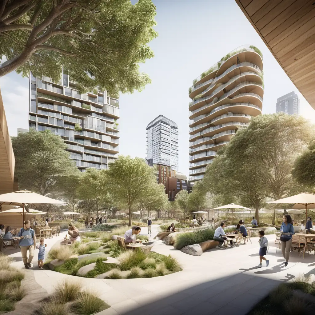 New city Green Square for 30,000 dwellings, mixed use parklands generous tree canopy, outdoor dining with shade with some tall buildings. Metro Station entry. Some children skipping and playing. Small creek. Sandstone boulders. Early morning. Roof garden, view from eye level