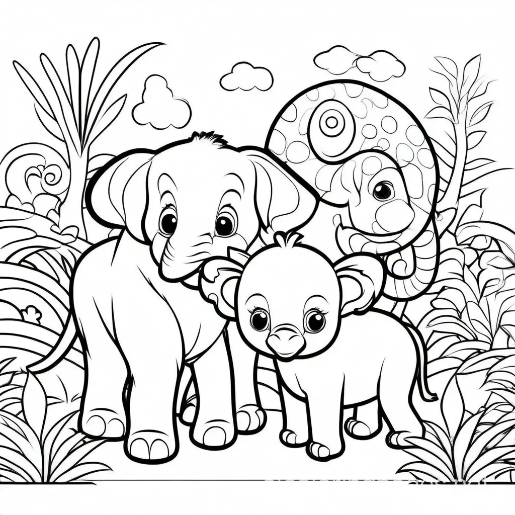 animals with baby, Coloring Page, black and white, line art, white background, Simplicity, Ample White Space. The background of the coloring page is plain white to make it easy for young children to color within the lines. The outlines of all the subjects are easy to distinguish, making it simple for kids to color without too much difficulty