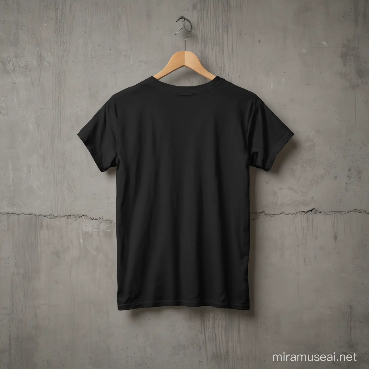 Gildan 64000 black t-shirt mockup showing the back, hanging from a wall cement industrial studio background