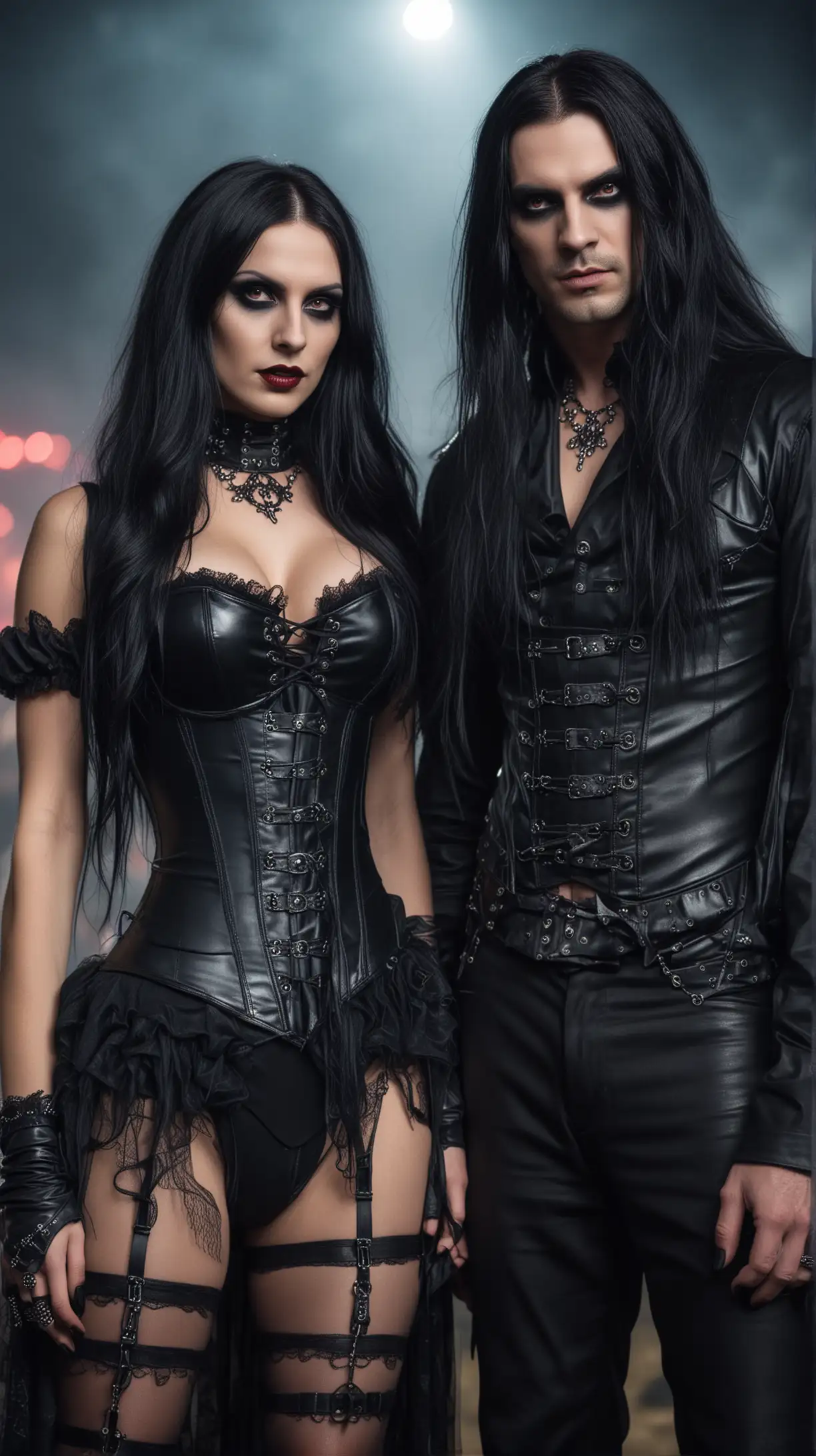 gothic man and woman, Long black hair, smokey eye make up, long black nails, latex corset, they are at a rock festival at night, vampire ispired look. 